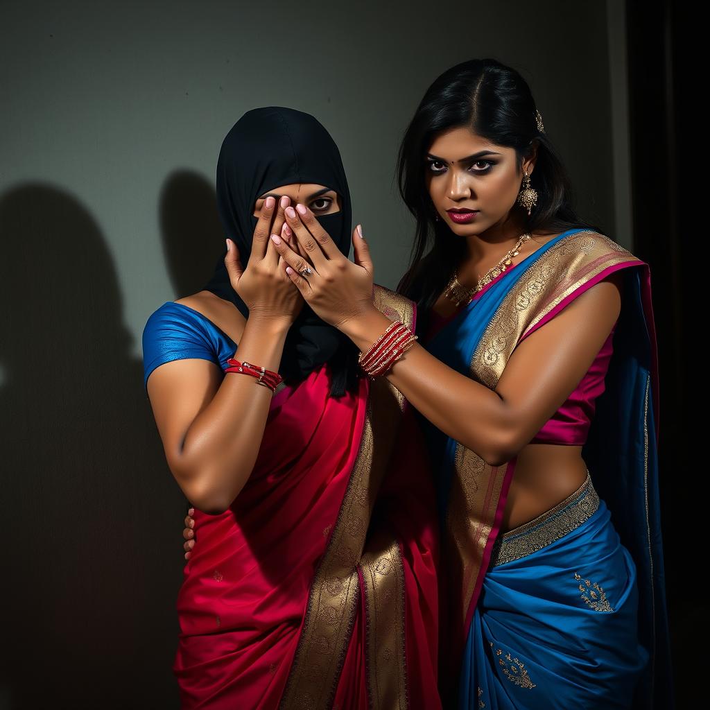 A dramatic and intense scene depicting two attractive Indian women dressed elegantly in traditional sarees, one in a blue saree with intricate gold embroidery, the other in a vibrant red saree with silver details