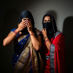 A dramatic and intense scene depicting two attractive Indian women dressed elegantly in traditional sarees, one in a blue saree with intricate gold embroidery, the other in a vibrant red saree with silver details