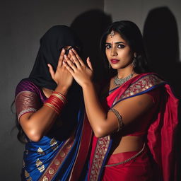 A dramatic and intense scene depicting two attractive Indian women dressed elegantly in traditional sarees, one in a blue saree with intricate gold embroidery, the other in a vibrant red saree with silver details