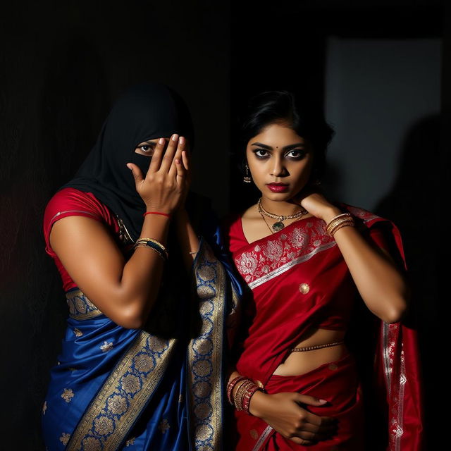 A dramatic and intense scene depicting two attractive Indian women dressed elegantly in traditional sarees, one in a blue saree with intricate gold embroidery, the other in a vibrant red saree with silver details