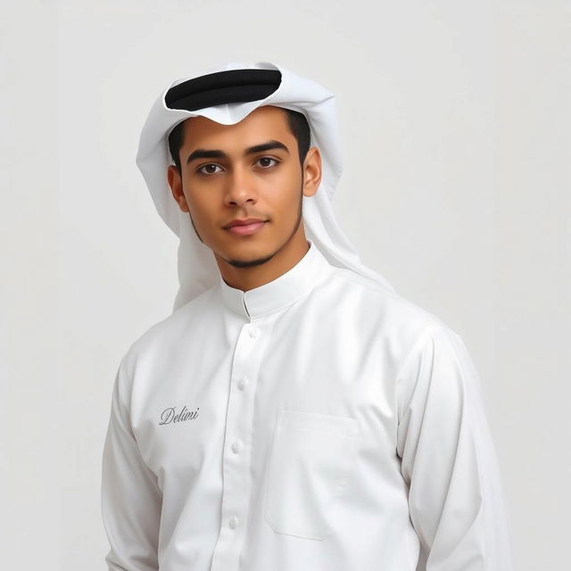 A young Arab man with an attractive demeanor wearing a traditional Dubai white robe, known as a kandora, with elegant embroidery