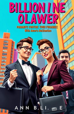 A vibrant and playful book cover for a comedy romantic story featuring a dashing billionaire man in an elegant suit, playfully attempting to win the affections of a smart, confident lawyer woman