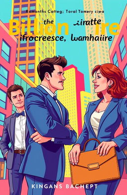 A vibrant and playful book cover for a comedy romantic story featuring a dashing billionaire man in an elegant suit, playfully attempting to win the affections of a smart, confident lawyer woman