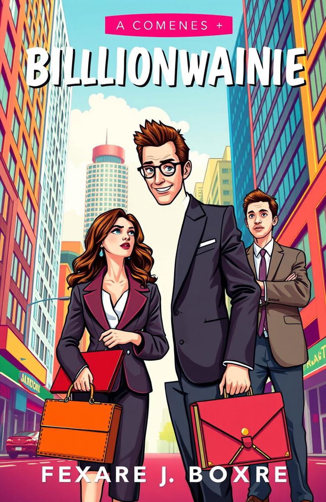 A vibrant and playful book cover for a comedy romantic story featuring a dashing billionaire man in an elegant suit, playfully attempting to win the affections of a smart, confident lawyer woman