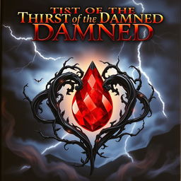 A glowing red gemstone in the shape of a blood drop sits at the center, surrounded by intricate, dark metallic runes that pulse with faint golden light