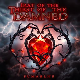 A glowing red gemstone in the shape of a blood drop sits at the center, surrounded by intricate, dark metallic runes that pulse with faint golden light