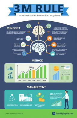 A visually engaging infographic representing the 3M Rule for Personal Finance and Stock Market, focusing on three key concepts: Mindset, Method, and Management