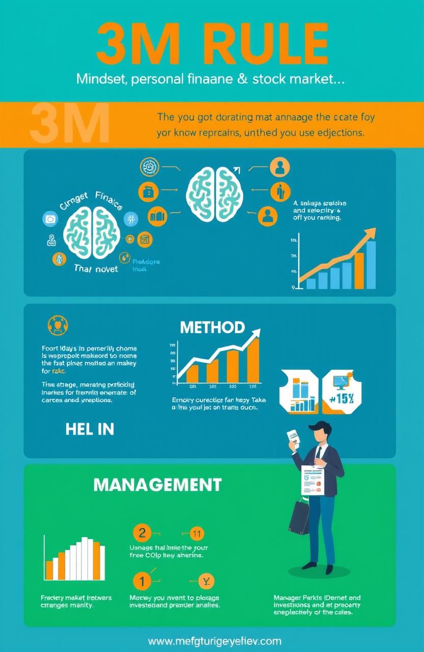 A visually engaging infographic representing the 3M Rule for Personal Finance and Stock Market, focusing on three key concepts: Mindset, Method, and Management