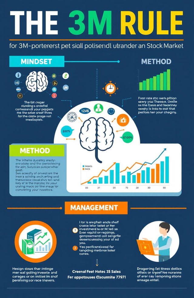 A visually engaging infographic representing the 3M Rule for Personal Finance and Stock Market, focusing on three key concepts: Mindset, Method, and Management