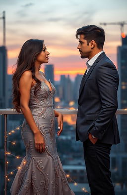 A contemporary romantic scene depicting a couple in an arranged marriage, where they start as enemies and eventually fall in love