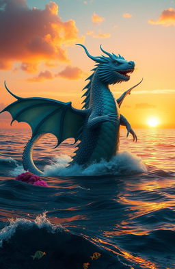 A majestic sea beast rising from the depths of a tranquil ocean at sunset