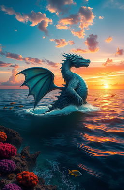 A majestic sea beast rising from the depths of a tranquil ocean at sunset