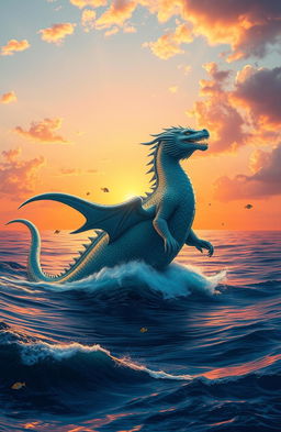 A majestic sea beast rising from the depths of a tranquil ocean at sunset