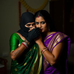 A suspenseful and captivating scene featuring two attractive Indian women dressed in traditional sarees