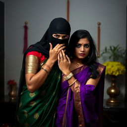 A suspenseful and captivating scene featuring two attractive Indian women dressed in traditional sarees