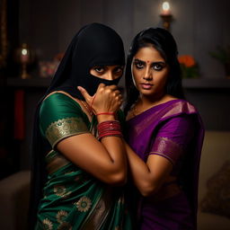 A suspenseful and captivating scene featuring two attractive Indian women dressed in traditional sarees