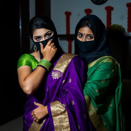 A suspenseful and captivating scene featuring two attractive Indian women dressed in traditional sarees