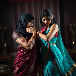 An intense and provocative scene featuring two alluring Indian women dressed in ornate sarees