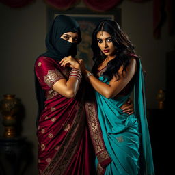 An intense and provocative scene featuring two alluring Indian women dressed in ornate sarees