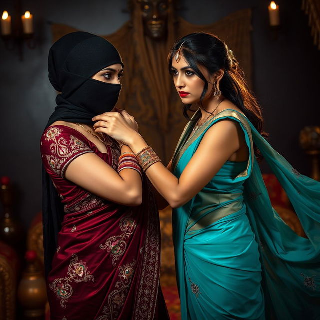 An intense and provocative scene featuring two alluring Indian women dressed in ornate sarees