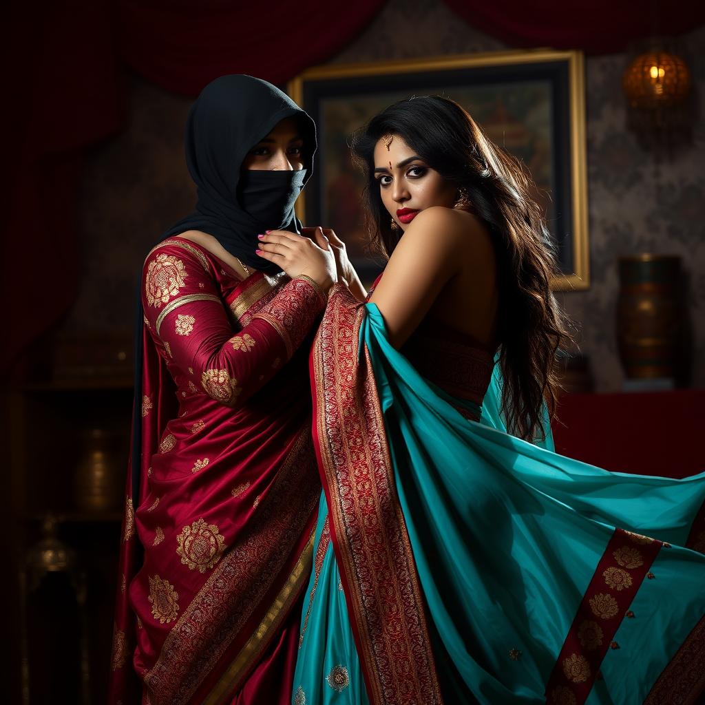 An intense and provocative scene featuring two alluring Indian women dressed in ornate sarees