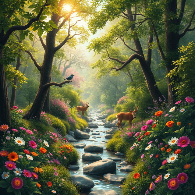 A vibrant and detailed nature scene featuring a dense forest with a variety of trees, lush green foliage, and colorful wildflowers in full bloom