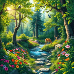 A vibrant and detailed nature scene featuring a dense forest with a variety of trees, lush green foliage, and colorful wildflowers in full bloom
