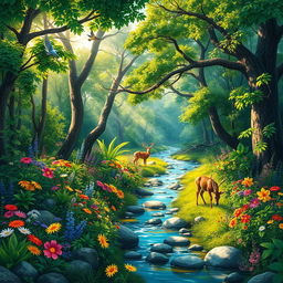 A vibrant and detailed nature scene featuring a dense forest with a variety of trees, lush green foliage, and colorful wildflowers in full bloom
