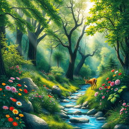 A vibrant and detailed nature scene featuring a dense forest with a variety of trees, lush green foliage, and colorful wildflowers in full bloom