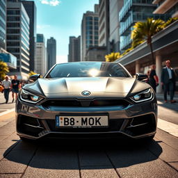 A high-quality realistic image of a sleek and modern car parked in an urban setting, showcasing vivid details of the vehicle's design, with its license plate clearly displaying the characters 'B 888 MOK'