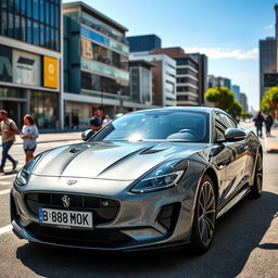 A high-quality realistic image of a sleek and modern car parked in an urban setting, showcasing vivid details of the vehicle's design, with its license plate clearly displaying the characters 'B 888 MOK'