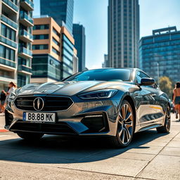 A high-quality realistic image of a sleek and modern car parked in an urban setting, showcasing vivid details of the vehicle's design, with its license plate clearly displaying the characters 'B 888 MOK'