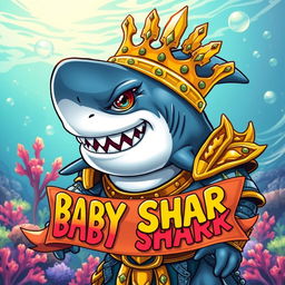 A fierce warrior shark wearing a shimmering gold crown, showcasing a muscular build and battle-ready demeanor