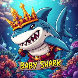 A fierce warrior shark wearing a shimmering gold crown, showcasing a muscular build and battle-ready demeanor
