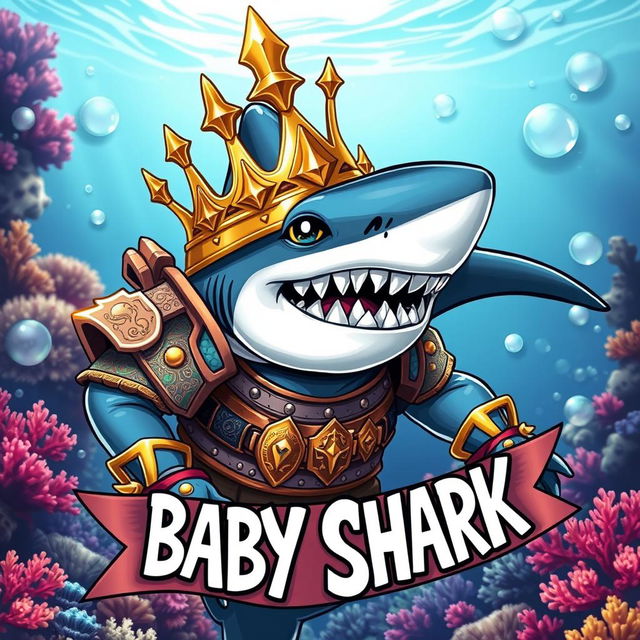 A fierce warrior shark wearing a shimmering gold crown, showcasing a muscular build and battle-ready demeanor