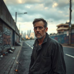 A disheveled man stands on the roadside, wearing worn-out clothing and looking contemplative