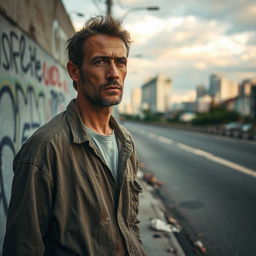 A disheveled man stands on the roadside, wearing worn-out clothing and looking contemplative