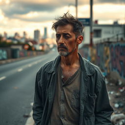 A disheveled man stands on the roadside, wearing worn-out clothing and looking contemplative