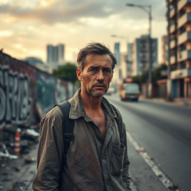 A disheveled man stands on the roadside, wearing worn-out clothing and looking contemplative