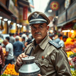 A police officer disguised as a milkman, carefully observing a bustling marketplace filled with vibrant stalls and shoppers