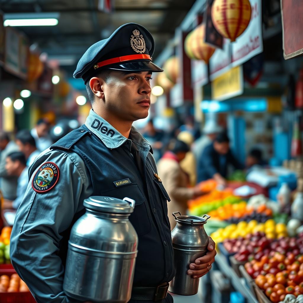 A police officer disguised as a milkman, carefully observing a bustling marketplace filled with vibrant stalls and shoppers