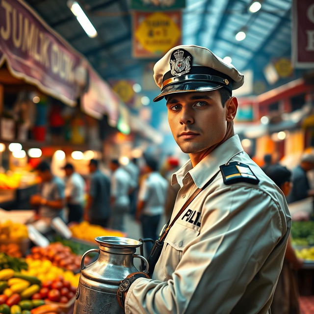 A police officer disguised as a milkman, carefully observing a bustling marketplace filled with vibrant stalls and shoppers