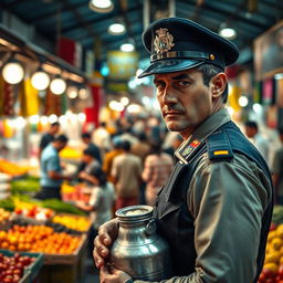 A police officer disguised as a milkman, carefully observing a bustling marketplace filled with vibrant stalls and shoppers