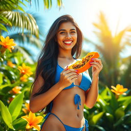 A modern Sri Lankan lady, with sun-kissed skin and long dark hair, dressed in a striking blue bikini, smiling joyfully at the viewers while savoring a slice of fresh, ripe papaya