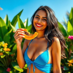 A modern Sri Lankan lady, with sun-kissed skin and long dark hair, dressed in a striking blue bikini, smiling joyfully at the viewers while savoring a slice of fresh, ripe papaya