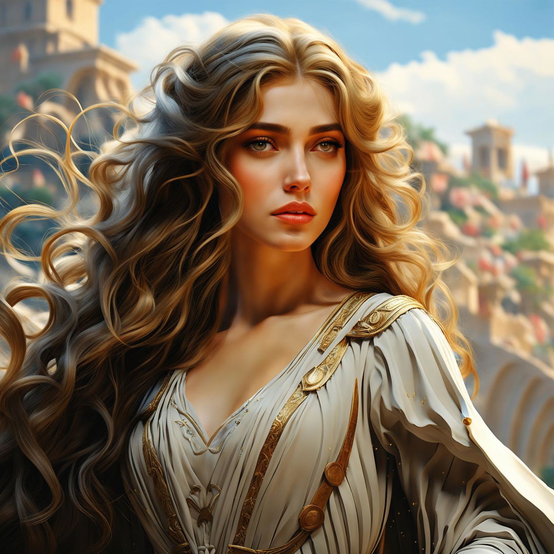 This digital art image depicts Helen of Troy as a stunningly beautiful woman with golden hair, blue eyes, and fair skin