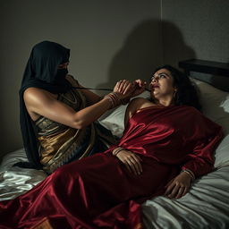 A tense and provocative scene featuring two alluring Indian women