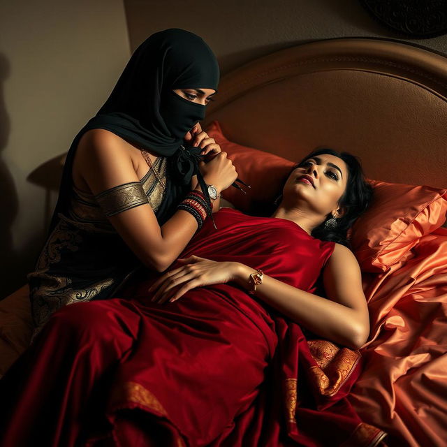 A tense and provocative scene featuring two alluring Indian women