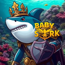 A striking warrior shark adorned with a magnificent gold crown, showcasing a muscular, fierce appearance that embodies strength and valor