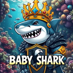 A striking warrior shark adorned with a magnificent gold crown, showcasing a muscular, fierce appearance that embodies strength and valor